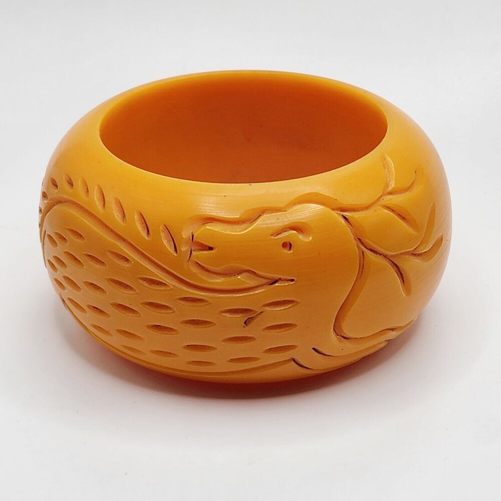 Vintage Huge Orange Galalith Heavy Carved Wide Bangle Bracelet Dragon Casien